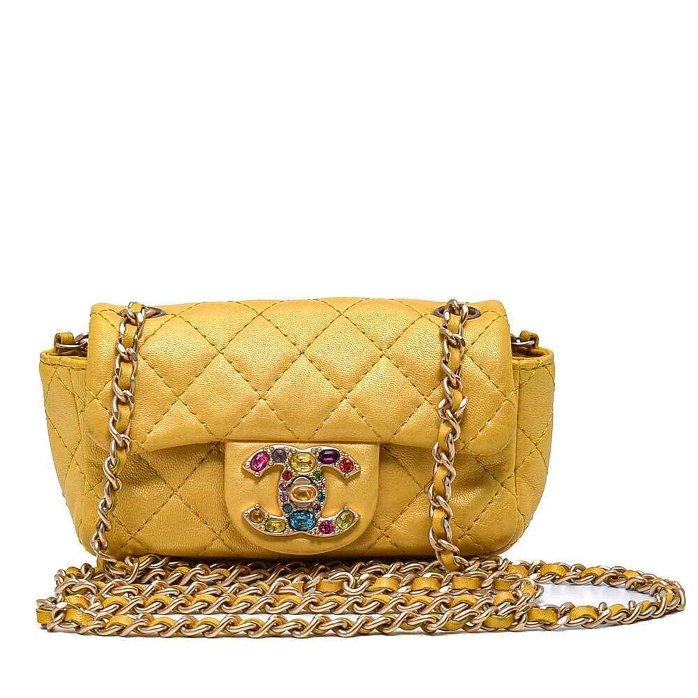 Chanel Yellow Quilted Lambskin Leather Embellished CC Logo
